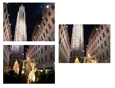 3 pictures of holiday tree and building
